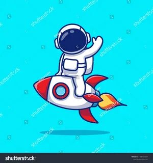 Cute Astronaut Riding Rocket Waving Hand: стоковая векторная