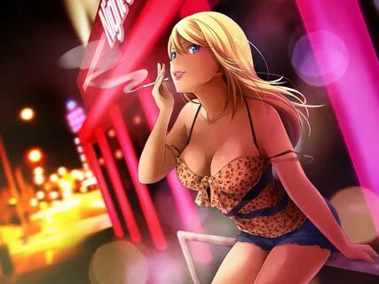 blonde, Hair, Blue, Eyes, Breasts, Cigarette, City, Cleavage