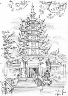 Pagoda Semarang Pencil Sketch Architecture drawing art, Pers