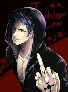 Trafalgar D. Water Law, middle finger, text; One Piece Trafa