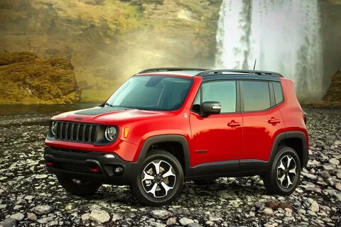 Red Jeep Renegade parked on a rocky shore near a waterfall and stream. 