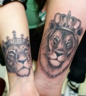 Lion and lioness Couples lion tattoo, Crown tattoos for wome