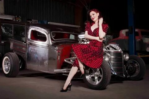 women with cars, redhead, pinup models, women, polka dots, c