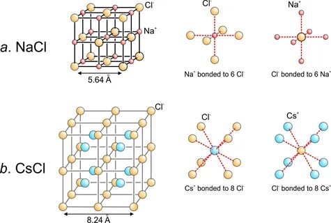 13.5 The atomic arrangements in NaCl and CsCl.