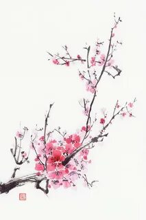 Chinese brush painting of a bright bushy cherry blossom bran