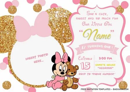 Pink And Gold Minnie Mouse Birthday Invitation Templates - E