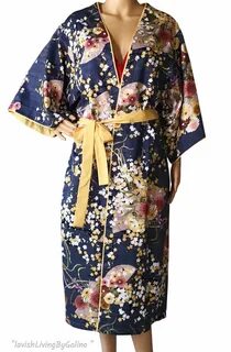 Blue Long Kimono Robe, Yellow Flowers Print Kimono, Japanese Silk Cotton Ki...