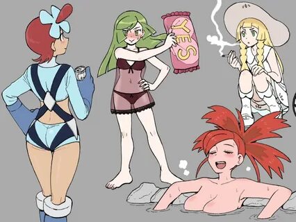 Safebooru - 4girls :d ace trainer (pokemon) bangs bare arms 