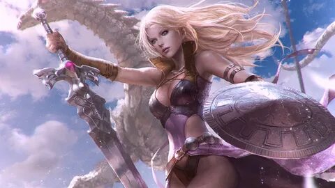 Download wallpaper fantasy, dragon, Girl, sword, warrior, ar