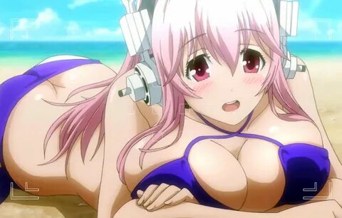 Anime big boobs brunette with pink bikini