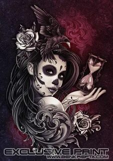 DAY of the DEAD GIRL With Crow Roses Time Signed Print Etsy 