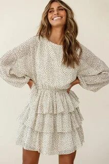 Buy the Odessa Long Sleeve Layered Ruffle Dress Speckle Prin