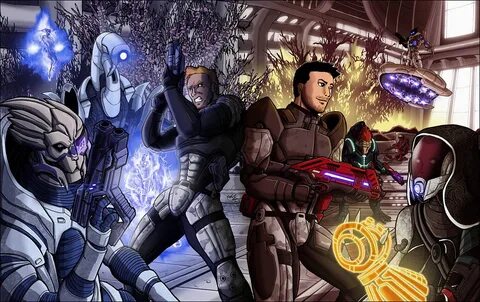 Шепарды и команда - Фан арт Mass Effect 1