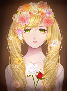 long hair, Blonde, Green eyes, Anime, Anime girls, Flowers, 