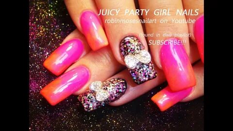 HOT Pink Ombre Nail Art with Glitter Bows Diva Nails Design 