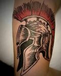 Black And Red Warrior Helmet Tattoo On Half Sleeve Gladiator