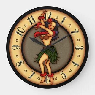 Vintage Tattoo Art Hula Dancer Large Clock - Home & Garden -