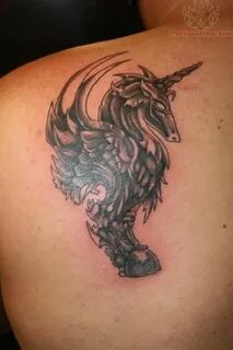 Gothic Unicorn Tattoo On Left Back Shoulder