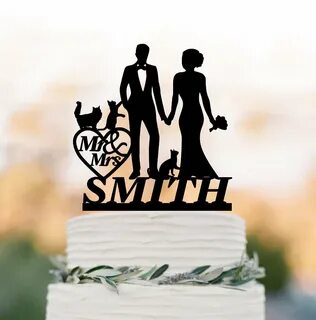 Personalized Wedding Cake topper with 3 cats bride and groom