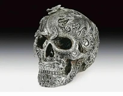 Skull Silver with Dragon Decor Figurine Statue Skeleton Hall