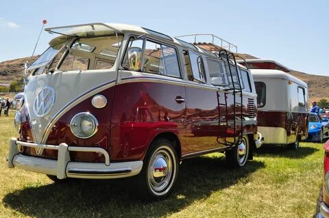 Pristine 21 Window VW Bus with matching trailer at my local 