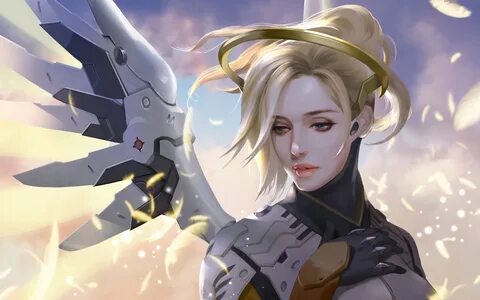 Скачать обои Overwatch, Mercy, art, characters, angel для мо