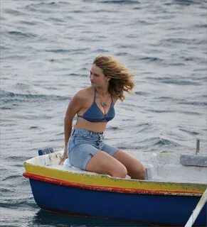 Lily James in a Blue Bikini Top and Denim Shorts - "Mama Mia