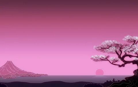 Обои Japan, sea, minimalism, art, mountain, tree, sun, digit
