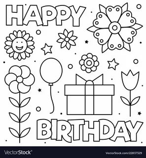 Happy Birthday. Coloring page. Black and white vector illust