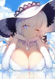 Wallpaper : anime girls, cleavage, hat, white hair, blue eye