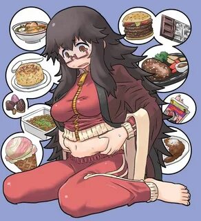 Chubby Girl belly grab fat messy brown hair food glasses sitting Thicc Anim...