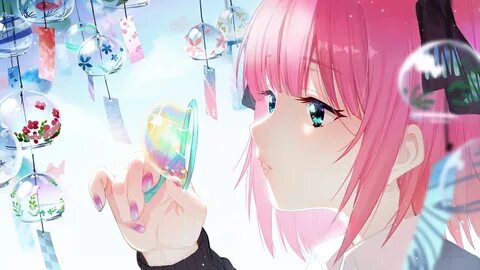 Wallpaper : anime girls, Nakano Nino, aqua eyes, pink hair, 