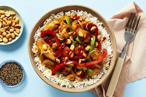 Chicken Teriyaki Bowls with Bell Pepper, Peanuts, and Srirac