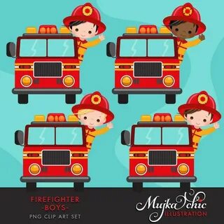 Firefighter Boys Clipart. Cute fireman, fire truck, hose, fi