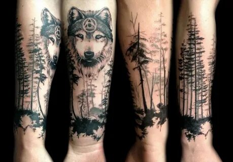 Тату на руке волк в лесу (69 фото)