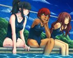 Safebooru - 3girls : amputee black hair blue swimsuit blush 