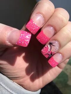 Neon hot pink glitter tips with black white and silver desig