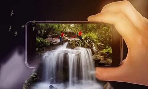 Обои Водопад вытекает из смартфона в руке " Скачать красивые
