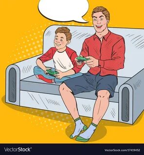 Pop art dad and son playing video game Royalty Free Vector