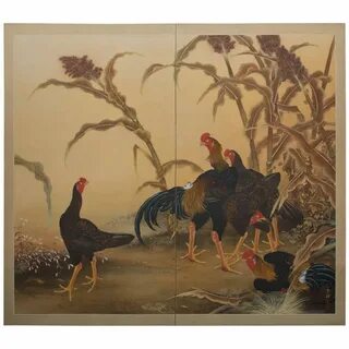 Japanese Two Panel Screen: Chickens in a Millet Grove For Sa
