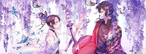 Hashira's Shinobu and Giyu with purple Wisteria and butterfl