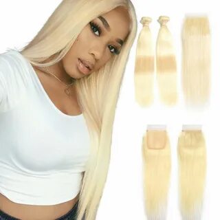 613 Blonde Straight Human Hair 2 Bundle with Lace Closure