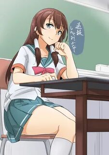 Safebooru - 1girl blue eyes brown hair chair desk hair tubes