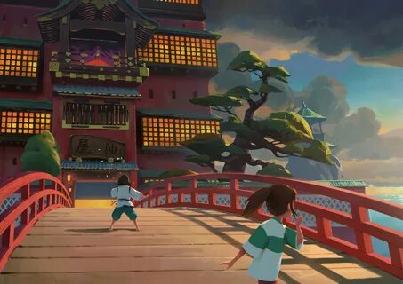 Haku and Chihiro on the bridge leading to the bathhouse by E