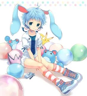 Safebooru - animal ears azumarill bell blue eyes blue hair b