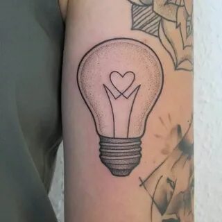 Light bulb with a heart in it inked on the left arm Lightbul