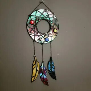 Stained glass dream catcher -With 3 stained glass feathers r
