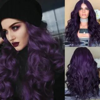 NEW Women Long Purple Hair Full Wig Natural Curly Wavy Synth