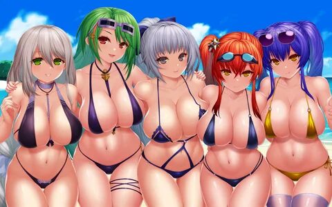 Картинка на рабочий стол anime, girls, swimsuit, beach, tits