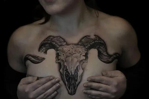 Woman Bull Skull Chest Tattoo - tattoo design